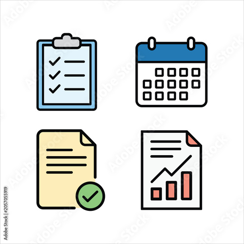 Business Utility Icons Pack with Checklist, Calendar, Approved Document and Analytics Report