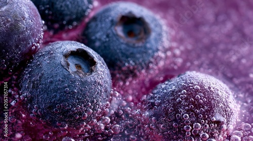 Fresh blueberries float in bubbling, vibrant purple liquid