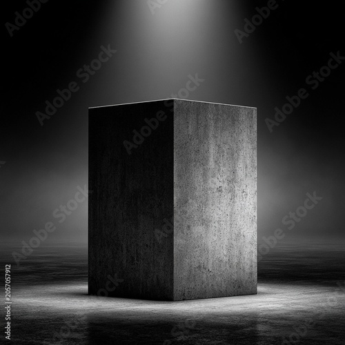 Monochrome concrete pedestal stands under single spotlight