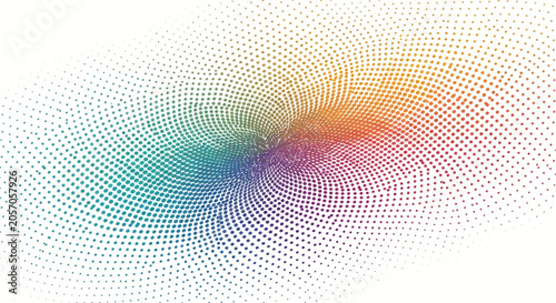 Vibrant rainbow halftone dot spiral on white background