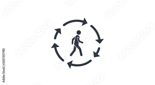 Walking person icon surrounded by circular arrows on white background