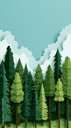 Paper-cut forest scene with tall pine trees and fluffy clouds