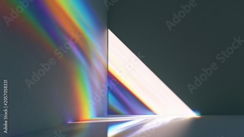 Rainbow light beam strikes wall and floor