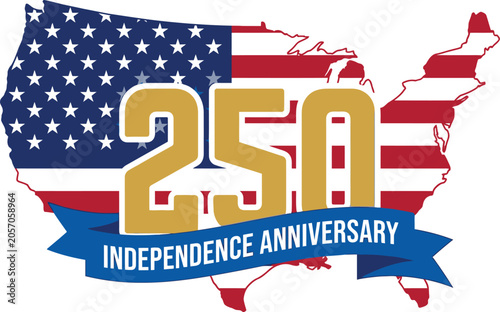Map of the United States features a gold 250 anniversary emblem over the stars and stripes flag background.