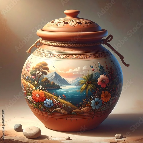 A clay urn with a vibrant scenic landscape and floral design