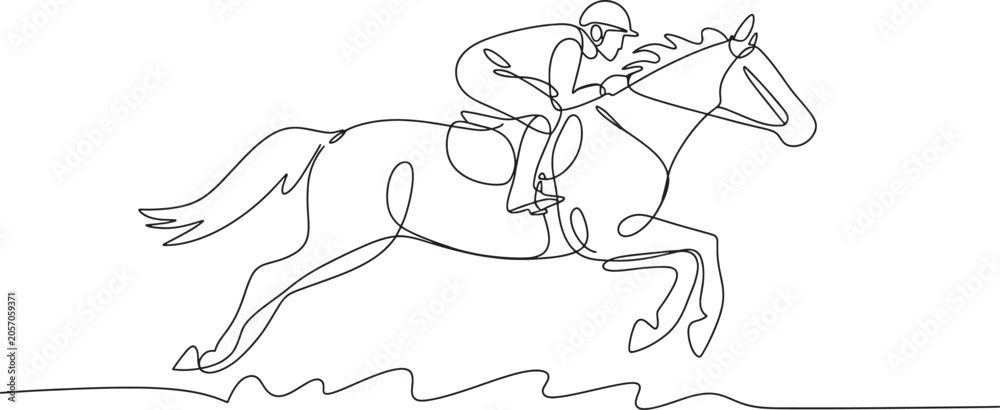 Obraz premium Continuous line drawing of a jockey on a racing horse, dynamic equestrian sport illustration.