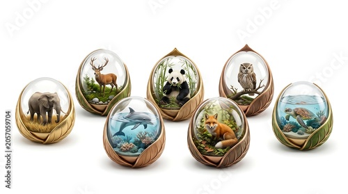 Six 3d rendered animal dioramas encased in egg-shaped glass vessels with golden bases