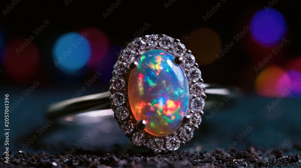 Fototapeta premium Oval iridescent gemstone surrounded by small sparkling stones, bokeh lights