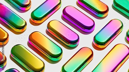 A vibrant array of iridescent, capsule-shaped objects arranged on a white surface