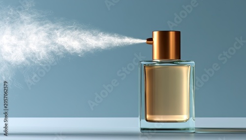 Glass perfume bottle with gold cap sprays mist against a blue background