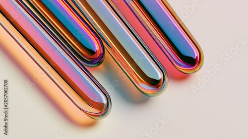 Close-up of iridescent glass tubes with rounded ends on a pale surface