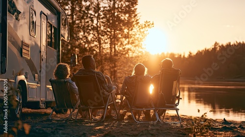 Family enjoying a serene sunset by a lake with an RV