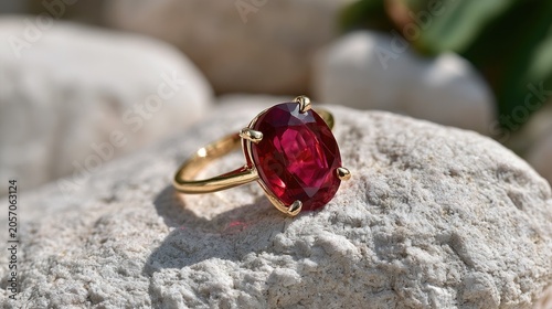 A stunning oval ruby gemstone ring on a textured rock with a blurred natural background