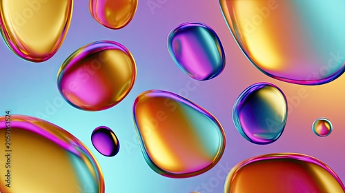 Luminous iridescent droplets shimmer in a gradient of soft, flowing colors