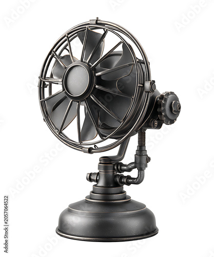 A vintage metal fan spins on a stand in an industrial setting.