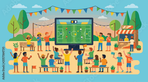 People watch a soccer game on a large screen outdoors in a park