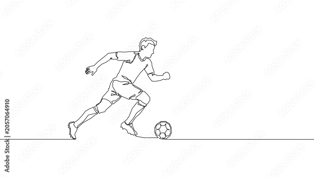 Fototapeta premium Continuous line soccer player dribbling ball while running illustration in minimal outline style, football sport action concept vector.