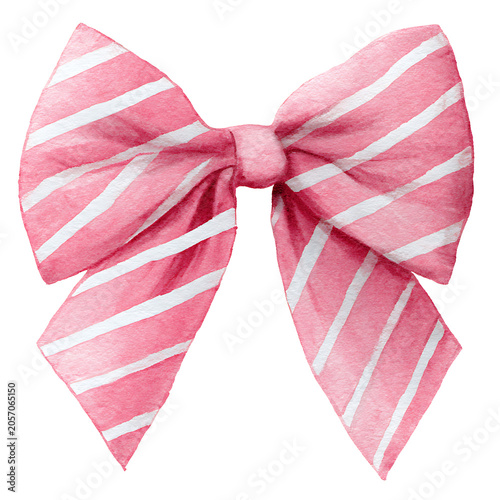 Pink striped bow tied with fabric on white background for decoration