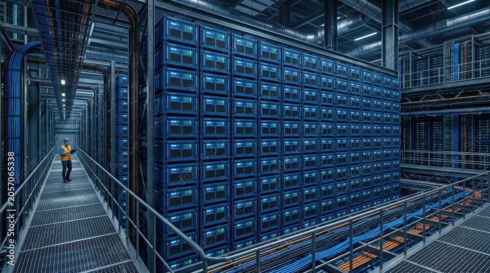 Fototapeta premium Person walking through blue server room corridor