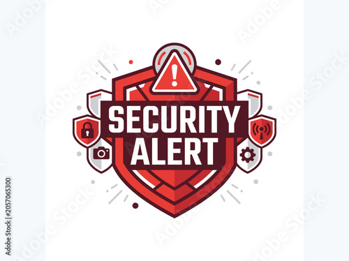 A vibrant red shield emblem with 'SECURITY ALERT' text, featuring various cybersecurity icons like a lock, camera, and gear, symbolizing digital protection and warnings.