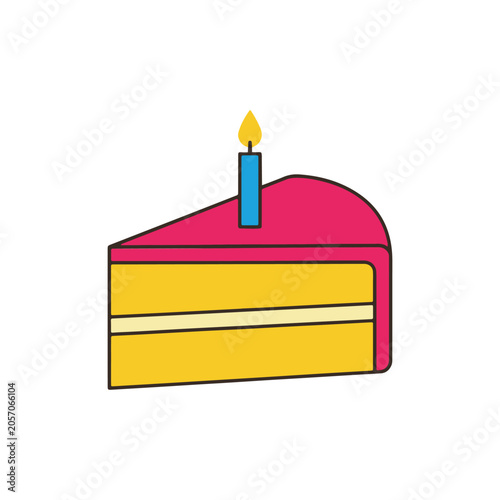 Vector illustration of a slice of birthday cake with a lit candle on top, colorful and festive design element