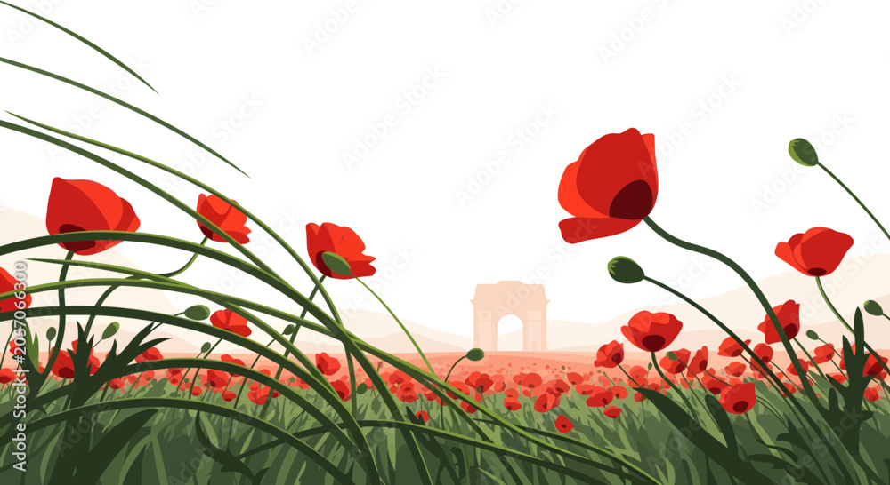 Naklejka premium Vibrant red poppies bloom in a field with a distant archway.