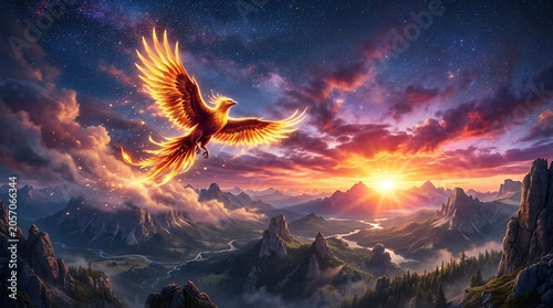 Phoenix Soaring Over Mountain Range at Sunset