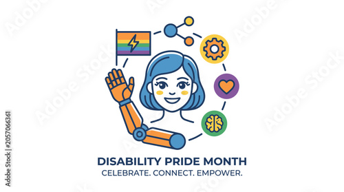 Disability Pride Month illustration with woman and icons