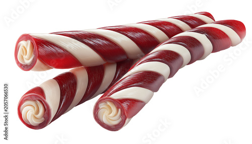 Three red and white striped candy sticks are placed on a surface