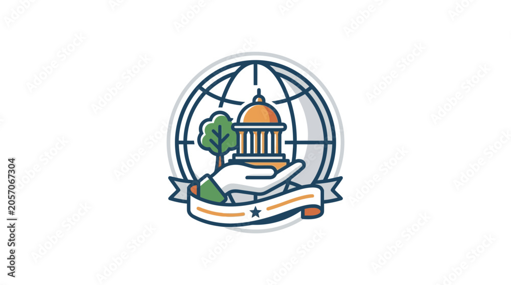Naklejka premium Global Governance Symbol: Hand Holding Building, Tree, Earth, and Ribbon