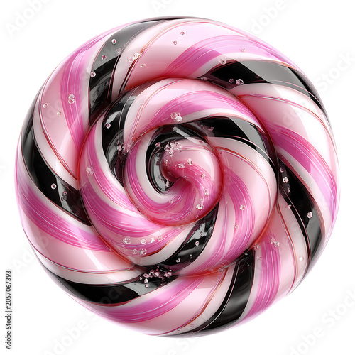 A large pink and black striped lollipop sits on a white surface.