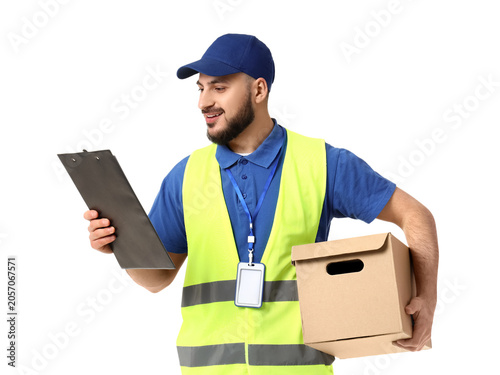 Smiling delivery man in saf...