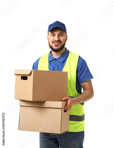 Smiling delivery man in saf...