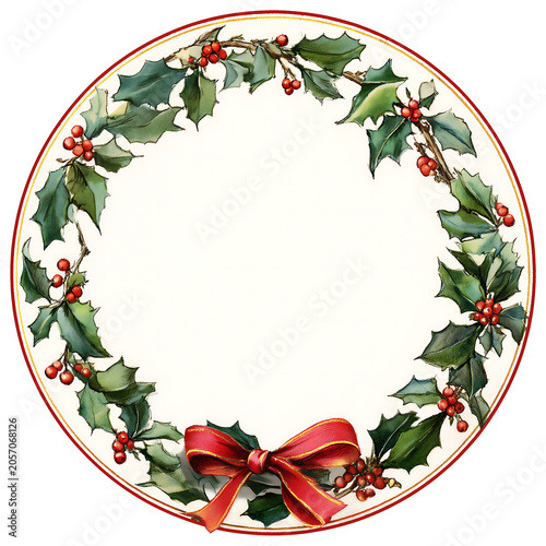 A festive Christmas wreath made of holly leaves and red berries adorned with a bow