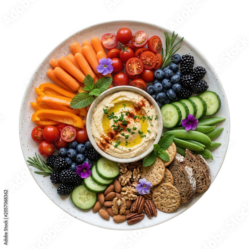 Vibrant Healthy Snack Platter with Hummus, Vegetables, Fruits, Nuts and Crackers on transparent background