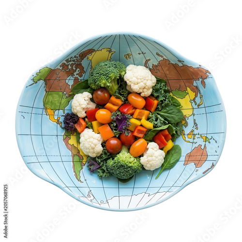 Vibrant vegetables on a world map plate with transparent background