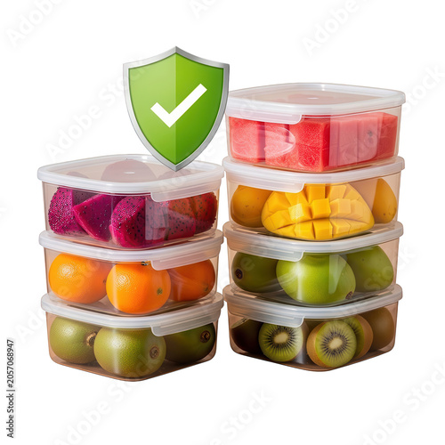 Fresh fruit containers with green shield and transparent background