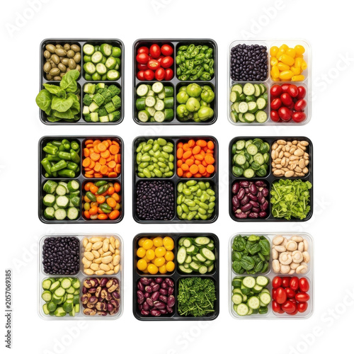 Assorted vegetables and legumes in compartmentalized containers on transparent background