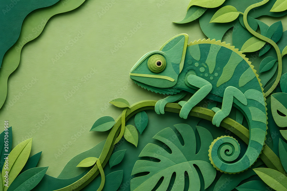 Obraz premium Green Paper Cut Chameleon In Lush Jungle