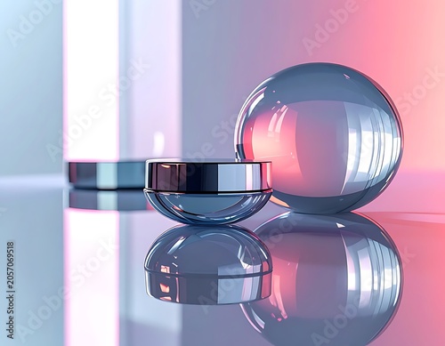 A shiny metallic ring and sphere on reflective surface with colorful background
