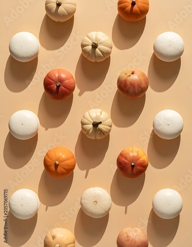A vibrant arrangement of small pumpkins and macarons in rows
