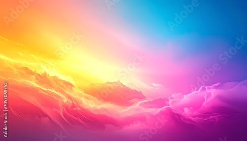 A vibrant, multicolored sky with clouds and a bright sun