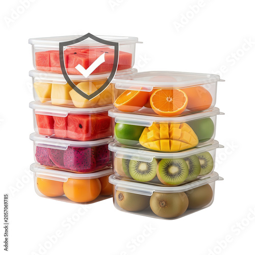 Fresh fruit in plastic containers with transparent background and shield icon