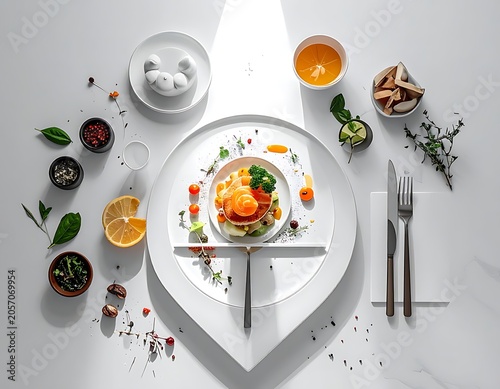 A white plate with food and utensils on a table