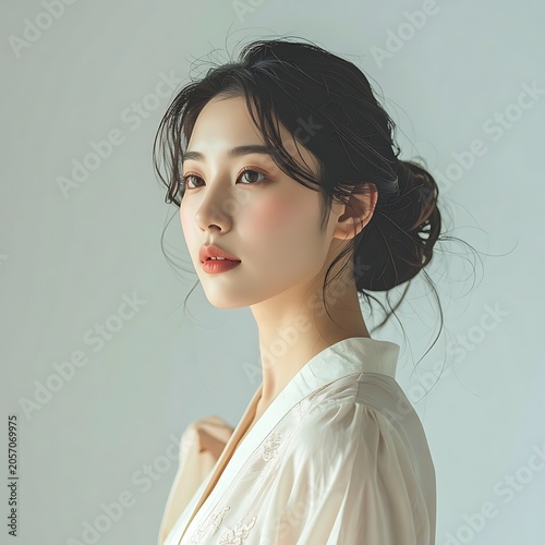 A young woman with dark hair and a white shirt looks over her shoulder
