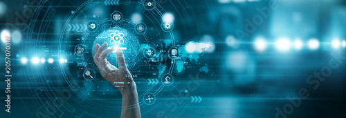 Scholar hand hold digital COMPUTER SCIENCE icon teaching global algorithm coding logic systems. Fundamental technical education for software engineering and innovation.