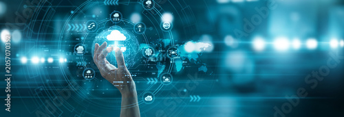 Architect hand hold virtual CLOUD COMPUTING icon hosting global server storage network systems. Scalable remote database solutions for enterprise infrastructure efficiency.