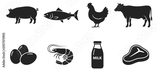 Foto Diverse Protein Sources Icons Meat Fish Poultry Dairy Eggs Seafood for Healthy E