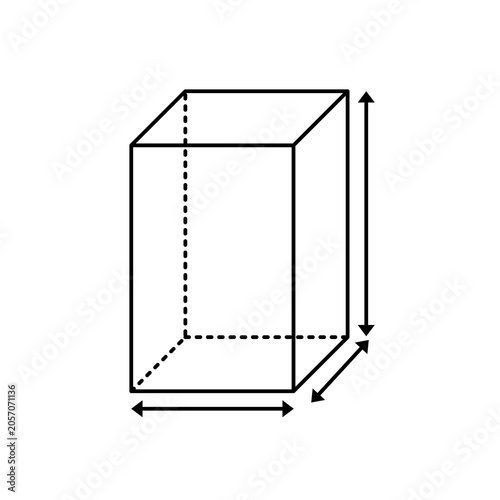 Rectangular prism geometry diagram with dimension arrows and hidden edges, technical vector illustration for mathematics, engineering, measurement, and education.