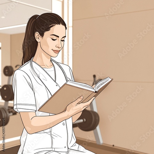 a woman in a white lab coat is reading a book